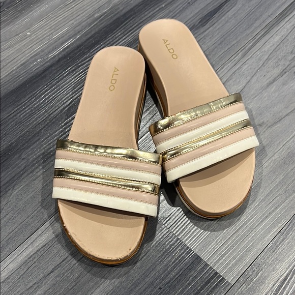 Aldo Gold and Cream Sandals Luxe Metallic Straps - Picture 1 of 5